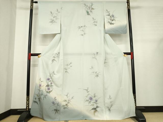 平和屋着物＊夏物 訪問着 絽 手描き 草花文 暈し染め 銀彩 正絹 逸品 AABD9937ck
