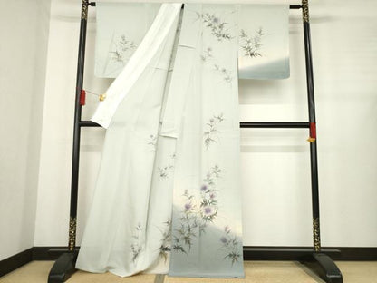 平和屋着物＊夏物 訪問着 絽 手描き 草花文 暈し染め 銀彩 正絹 逸品 AABD9937ck
