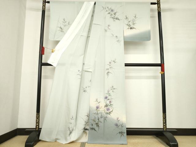 平和屋着物＊夏物 訪問着 絽 手描き 草花文 暈し染め 銀彩 正絹 逸品 AABD9937ck