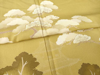 平和屋着物●訪問着　友禅　風景松文　正絹　逸品　AABD9945ck