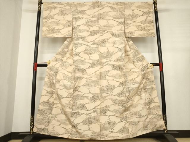 平和屋着物●上質な小紋　紬地　木版染　幾何学文様　正絹　逸品　AABD9953ck