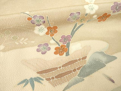 平和屋着物●訪問着 友禅 風景花文 鬼しぼ縮緬 正絹 逸品 AABD9958ck