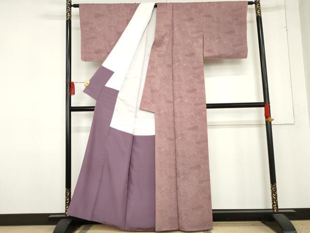 平和屋着物●上質な色無地　御所車流水風景地紋　菖蒲色　正絹　逸品　AABD9968cs