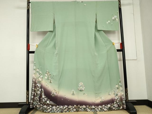 平和屋着物●訪問着　総刺繍　更紗花文　暈し染め　金糸　正絹　逸品　AABE0016cs