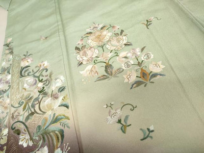 平和屋着物●訪問着　総刺繍　更紗花文　暈し染め　金糸　正絹　逸品　AABE0016cs