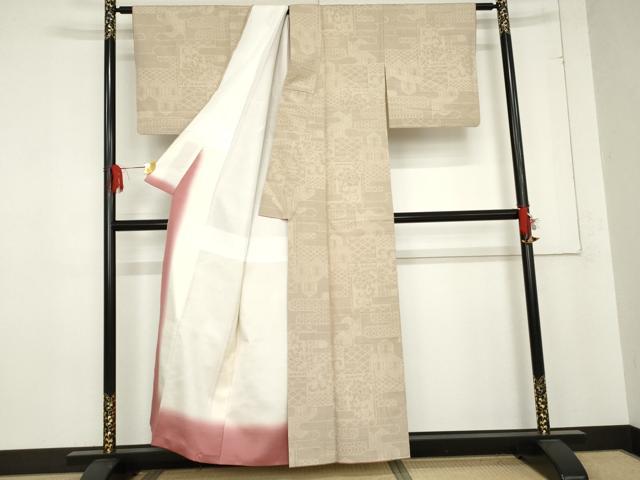 平和屋着物●結城紬　80亀甲　エ霞吉祥花唐草文　正絹　逸品　AABE0081cs