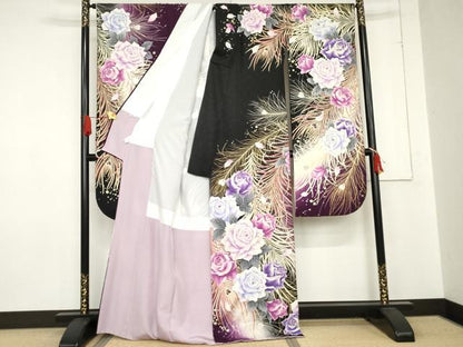 平和屋着物●豪華振袖　Luxjewel 　刺繍　孔雀羽草花文　薔薇　暈し染め　金銀彩　金糸　正絹　逸品　AABE0083cs