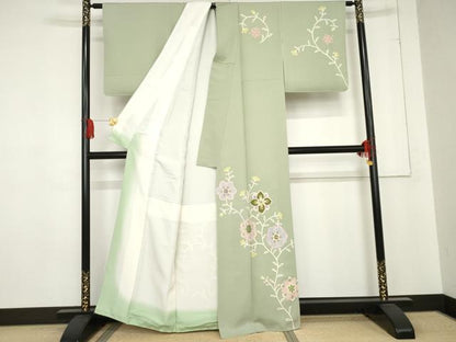 平和屋着物●京友禅作家　米沢新之助　訪問着　駒刺繍　枝花文　金彩　正絹　逸品　AABE0092cs