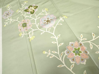 平和屋着物●京友禅作家　米沢新之助　訪問着　駒刺繍　枝花文　金彩　正絹　逸品　AABE0092cs