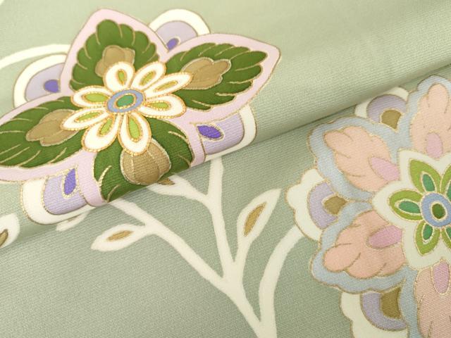 平和屋着物●京友禅作家　米沢新之助　訪問着　駒刺繍　枝花文　金彩　正絹　逸品　AABE0092cs