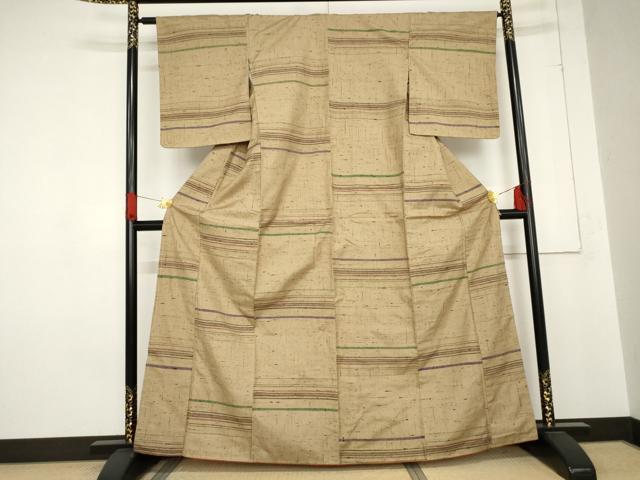 平和屋着物●上質な紬　横段文　正絹　逸品　未使用　AABE0093cs