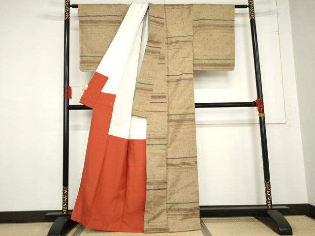 平和屋着物●上質な紬　横段文　正絹　逸品　未使用　AABE0093cs