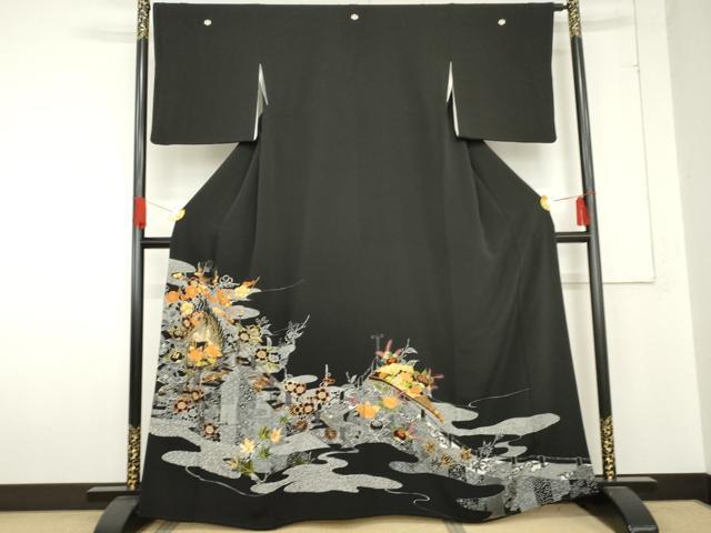 平和屋着物●創業460年・千總　黒留袖　駒刺繍　扇面鳳凰吉祥花文　金糸　正絹　逸品　AABE0176cs 平和屋着物○創業460年・千總 黒留袖 駒刺繍 扇面鳳凰吉祥花文 金糸