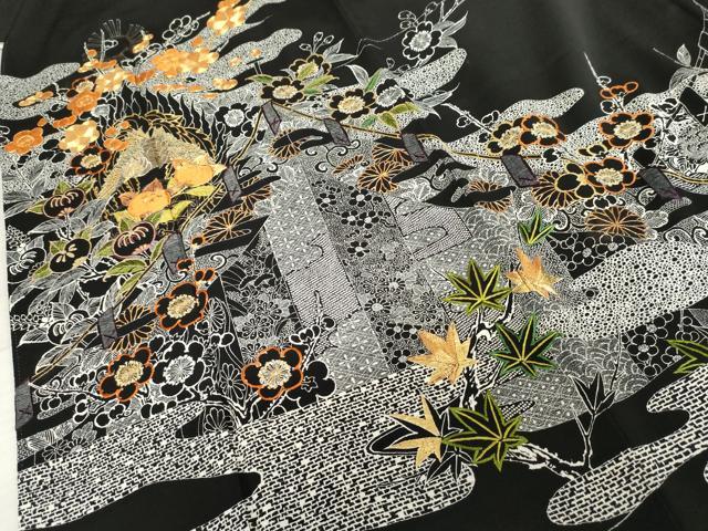 平和屋本店●極上　創業460年・千總　黒留袖　駒刺繍　扇面鳳凰吉祥花文　金彩　逸品　DZAB1969kh6 平和屋着物○創業460年・千總 黒留袖 駒刺繍 扇面鳳凰吉祥