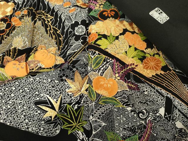 平和屋着物●創業460年・千總　黒留袖　駒刺繍　扇面鳳凰吉祥花文　金糸　正絹　逸品　AABE0176cs 平和屋着物○創業460年・千總 黒留袖 駒刺繍 扇面鳳凰吉祥