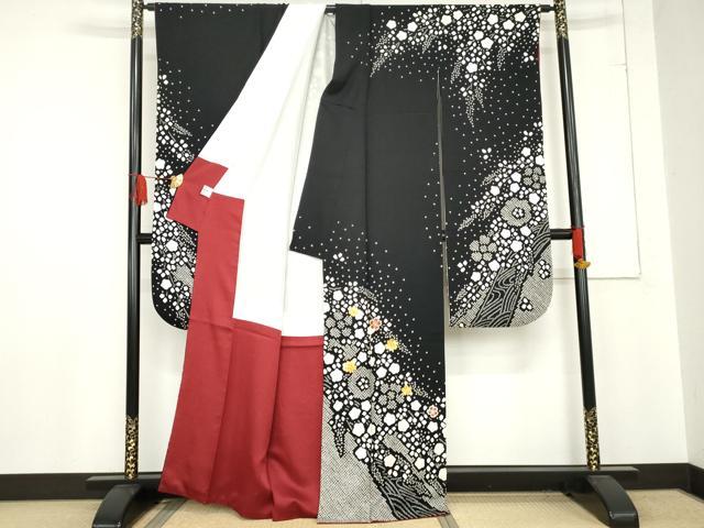 平和屋着物○豪華振袖 絞り 駒刺繍 枝垂れ花文 黒地 京都きもの友禅