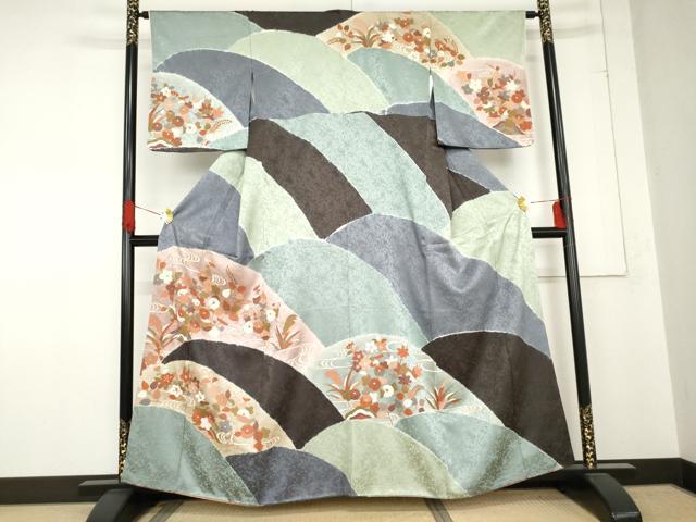 平和屋着物●訪問着　絞り　流水草花文　金彩　正絹　逸品　AABE0195cs