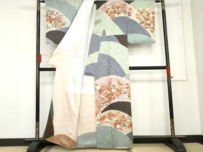 平和屋着物●訪問着　絞り　流水草花文　金彩　正絹　逸品　AABE0195cs