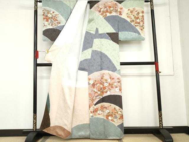 平和屋着物●訪問着　絞り　流水草花文　金彩　正絹　逸品　AABE0195cs