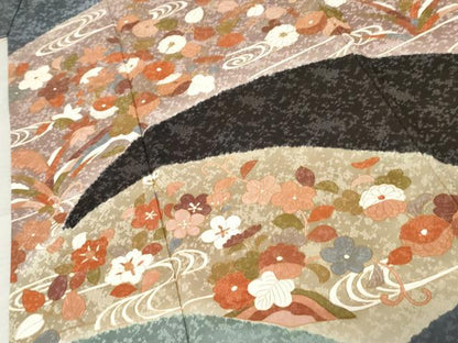 平和屋着物●訪問着　絞り　流水草花文　金彩　正絹　逸品　AABE0195cs