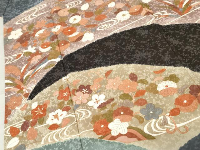 平和屋着物●訪問着　絞り　流水草花文　金彩　正絹　逸品　AABE0195cs