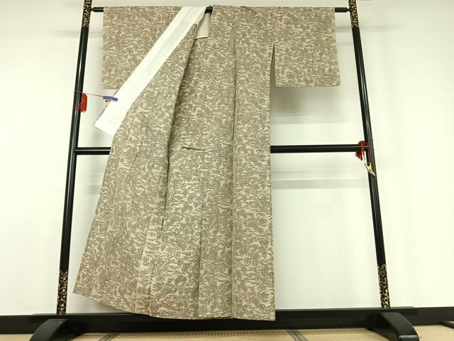 平和屋着物▽上質な紬 単衣 風景文 正絹 逸品 AABE0201jh