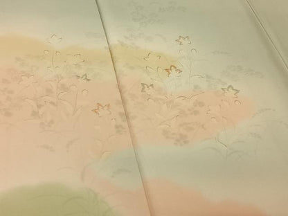 平和屋着物▽訪問着 単衣 草花文 暈し染め 金彩 正絹 逸品 AABE0209jh