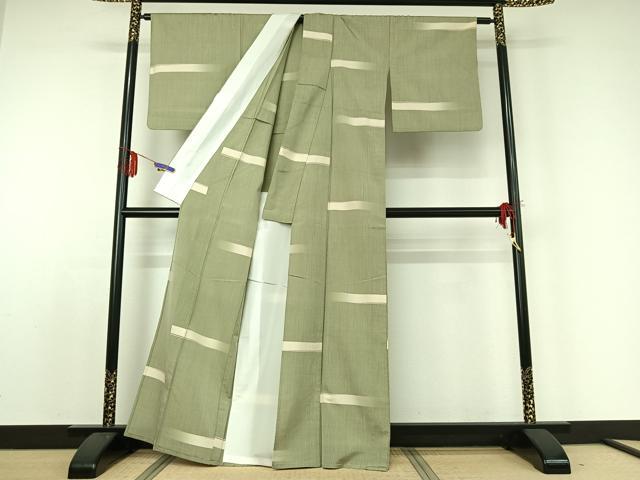 平和屋着物▽上質な紬 単衣 横段文 正絹 逸品 AABE0212jh