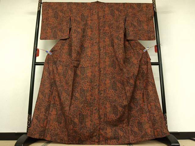 平和屋着物▽上質な紬 単衣 更紗花文 正絹 逸品 AABE0214jh