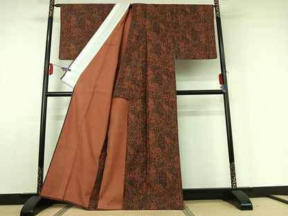 平和屋着物▽上質な紬 単衣 更紗花文 正絹 逸品 AABE0214jh
