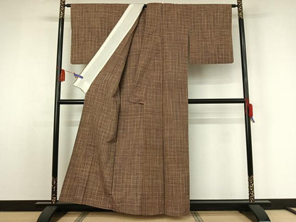 平和屋着物▽上質な紬 単衣 格子 正絹 逸品 AABE0218jh