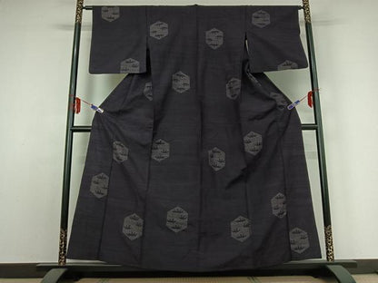 平和屋着物▽結城紬　単衣　80亀甲　笹の葉亀甲文　正絹　逸品　AABE0219jh