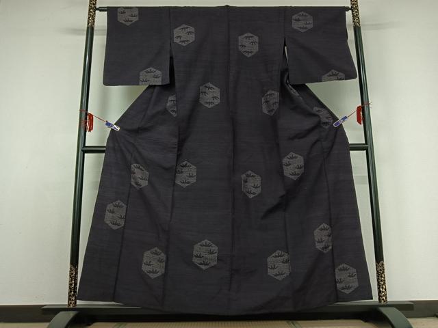 平和屋着物▽結城紬　単衣　80亀甲　笹の葉亀甲文　正絹　逸品　AABE0219jh