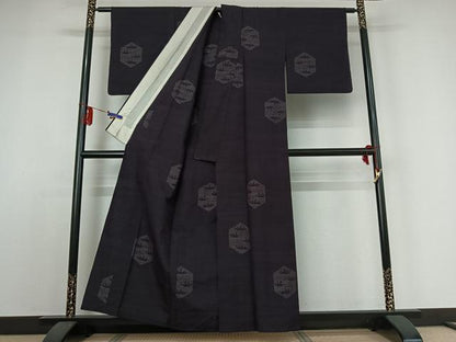 平和屋着物▽結城紬　単衣　80亀甲　笹の葉亀甲文　正絹　逸品　AABE0219jh