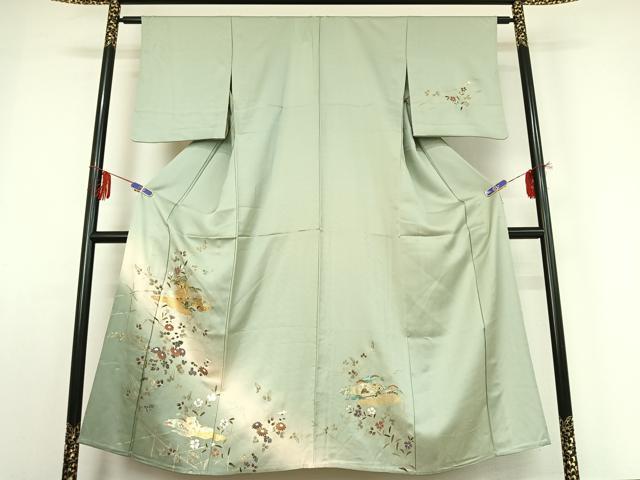 平和屋着物▽訪問着 単衣 人物風景花文 暈し染め 金彩 正絹 逸品 AABE0229jh