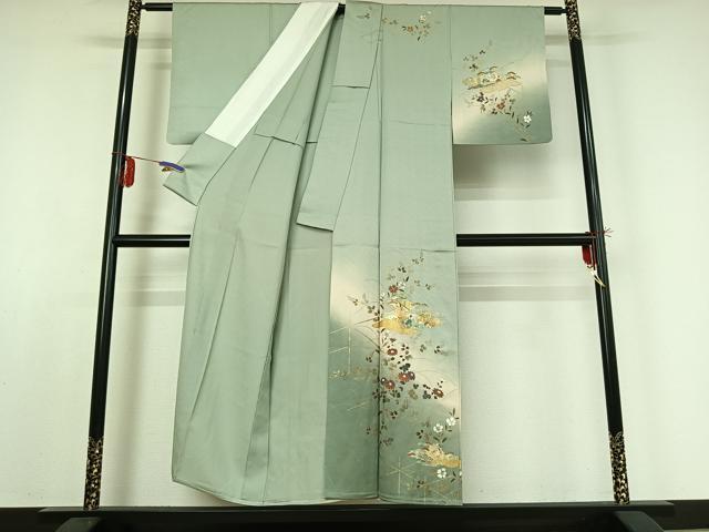 平和屋着物▽訪問着 単衣 人物風景花文 暈し染め 金彩 正絹 逸品 AABE0229jh