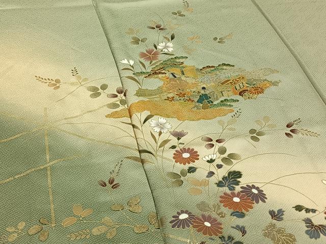 平和屋着物▽訪問着 単衣 人物風景花文 暈し染め 金彩 正絹 逸品 AABE0229jh