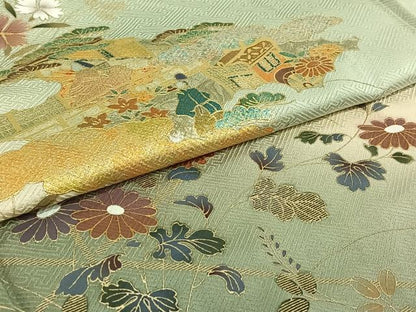 平和屋着物▽訪問着 単衣 人物風景花文 暈し染め 金彩 正絹 逸品 AABE0229jh