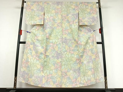 平和屋着物▽上質な紬　単衣　草花文　正絹　逸品　AABE0237jh