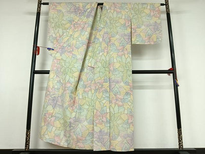 平和屋着物▽上質な紬　単衣　草花文　正絹　逸品　AABE0237jh