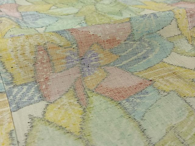 平和屋着物▽上質な紬　単衣　草花文　正絹　逸品　AABE0237jh