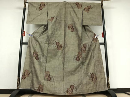 平和屋着物▽上質な紬 単衣 源氏車花文 正絹 逸品 AABE0238jh