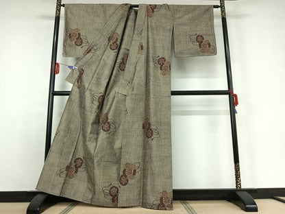 平和屋着物▽上質な紬 単衣 源氏車花文 正絹 逸品 AABE0238jh