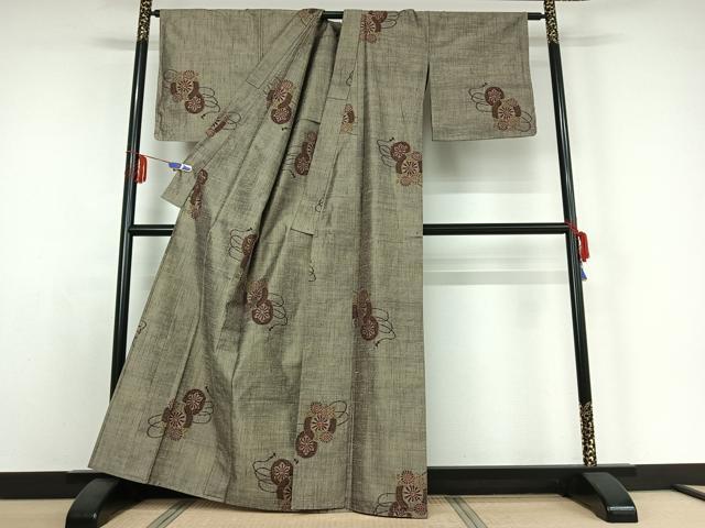 平和屋着物▽上質な紬 単衣 源氏車花文 正絹 逸品 AABE0238jh