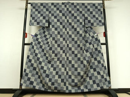 平和屋着物▽上質な紬 単衣 市松文様 正絹 逸品 AABE0239jh