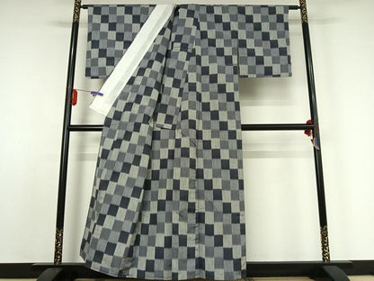 平和屋着物▽上質な紬 単衣 市松文様 正絹 逸品 AABE0239jh