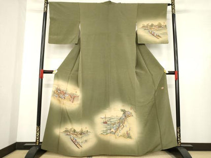 平和屋着物●摺友禅 横塚賢治 訪問着 刺繍 名所風景文 暈し染め さが美扱い 正絹 逸品 AABE0245ck