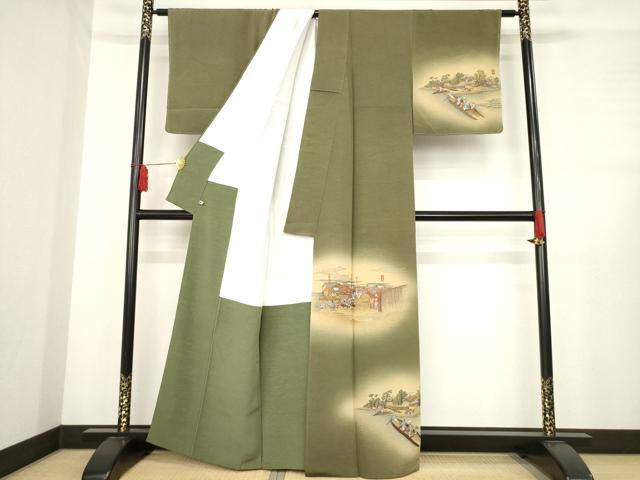平和屋着物●摺友禅 横塚賢治 訪問着 刺繍 名所風景文 暈し染め さが美扱い 正絹 逸品 AABE0245ck