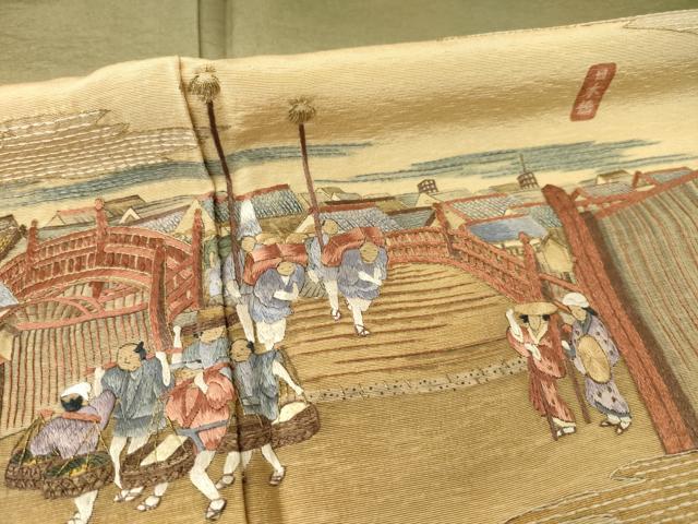 平和屋着物●摺友禅 横塚賢治 訪問着 刺繍 名所風景文 暈し染め さが美扱い 正絹 逸品 AABE0245ck