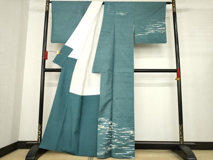 平和屋着物●石川県指定無形文化財　牛首紬　白山工房　手織り　大東久恭　訪問着　流水文　ろうけつ染め　正絹　逸品　AABE0252ck